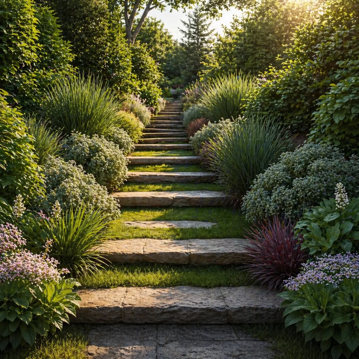 Lush green garden pathway with natural stone steps and meticulously curated native plants in soft morning sunlight