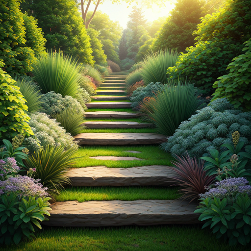 Lush green garden pathway with natural stone steps and meticulously curated native plants in soft morning sunlight