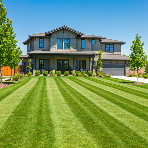Dense, healthy striped lawn in front of a suburban home