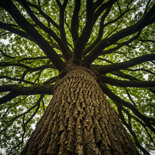 Looking up into the canopy of a massive oak tree