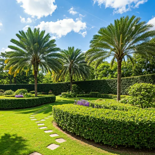 A meticulously maintained suburban property with lush lawn and garden beds