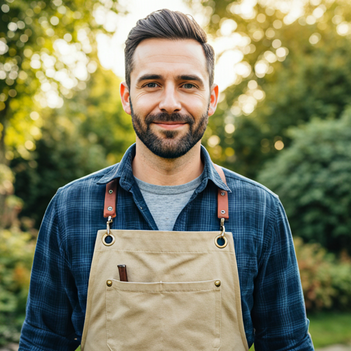Portrait of a landscape craftsman in his 30s wearing a canvas apron, smiling gently in a sunlit garden