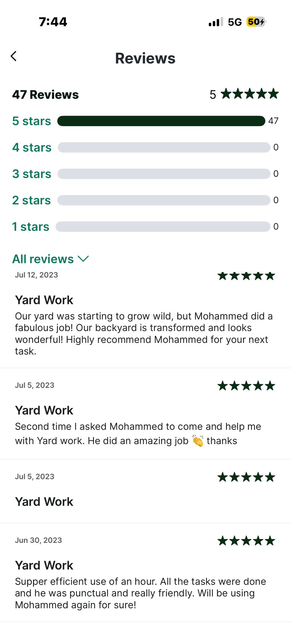 More TaskRabbit reviews praising Mohammed's yard work