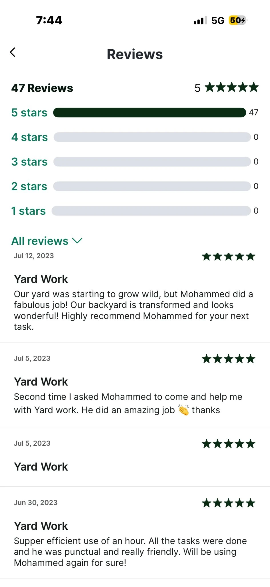 More TaskRabbit reviews praising Mohammed's yard work